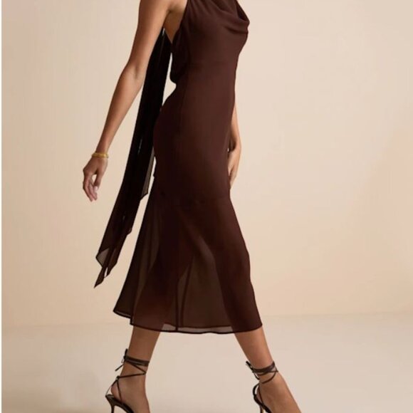 Lulus Eshai Brown Cowl Halter Midi Dress - Size M - Picture 2 of 3